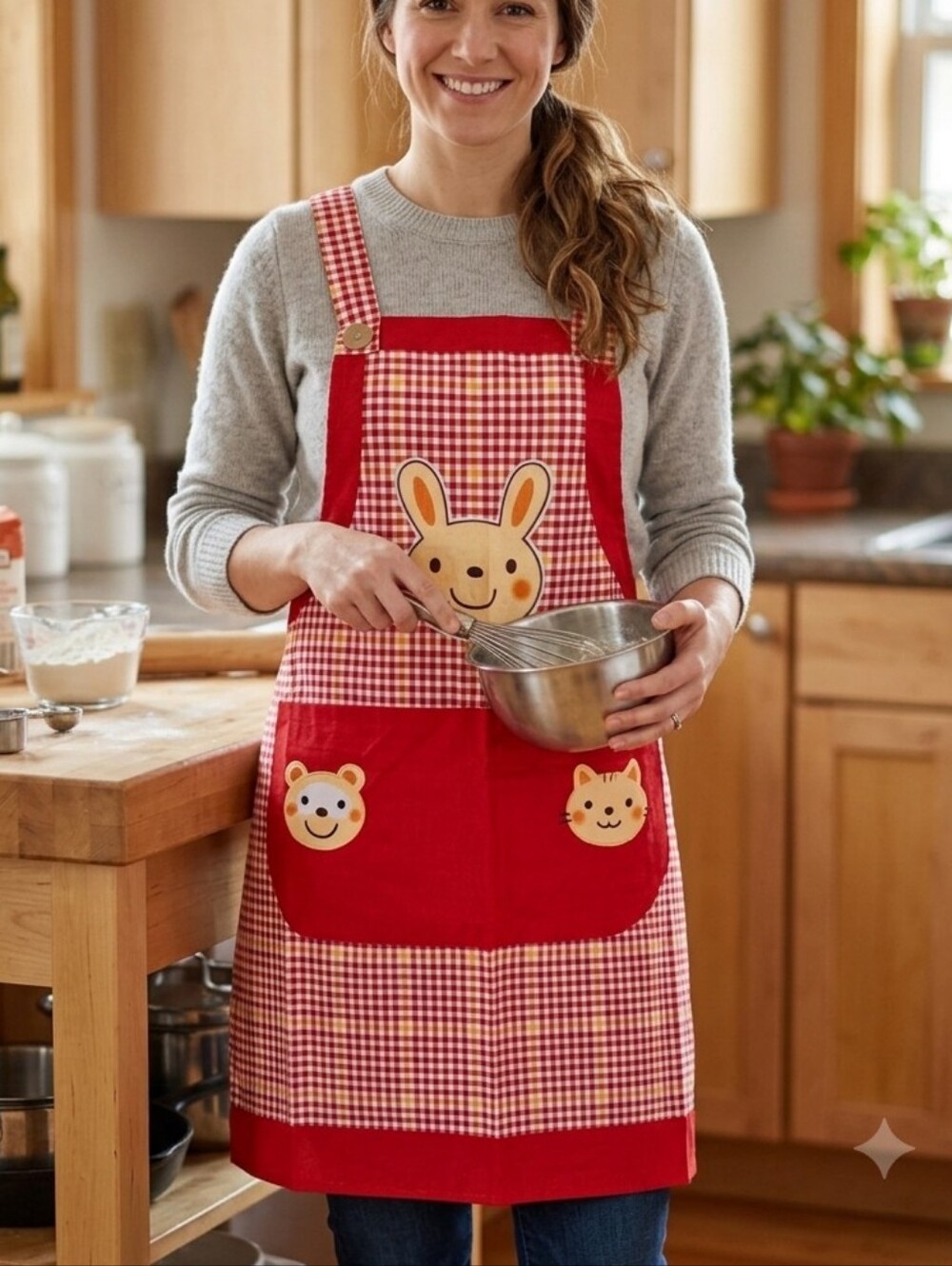 Red Gingham Apron with Cute Animal Pockets
